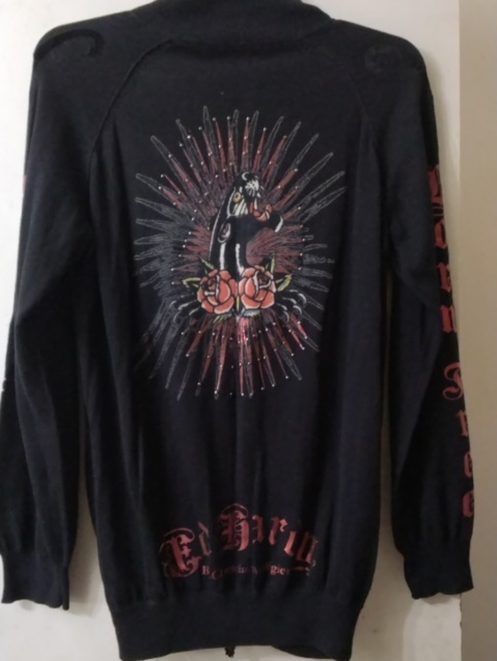 Ed Hardy Black Zip-Up Jacket with Floral Panther Embroidery Men's Size